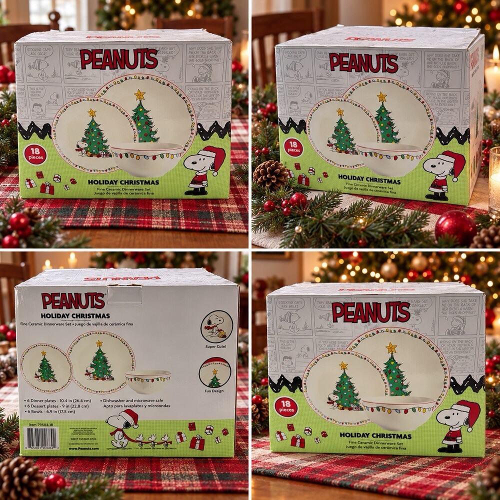 Peanuts Snoopy Woodstock Christmas 18 Piece Ceramic Dinnerware Set Open Box